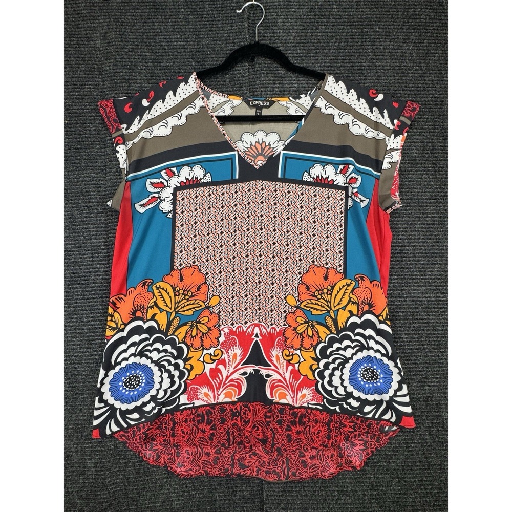 EXPRESS Women's L Multicolor Floral Patchwork V-Neck Short Sleeve Blouse